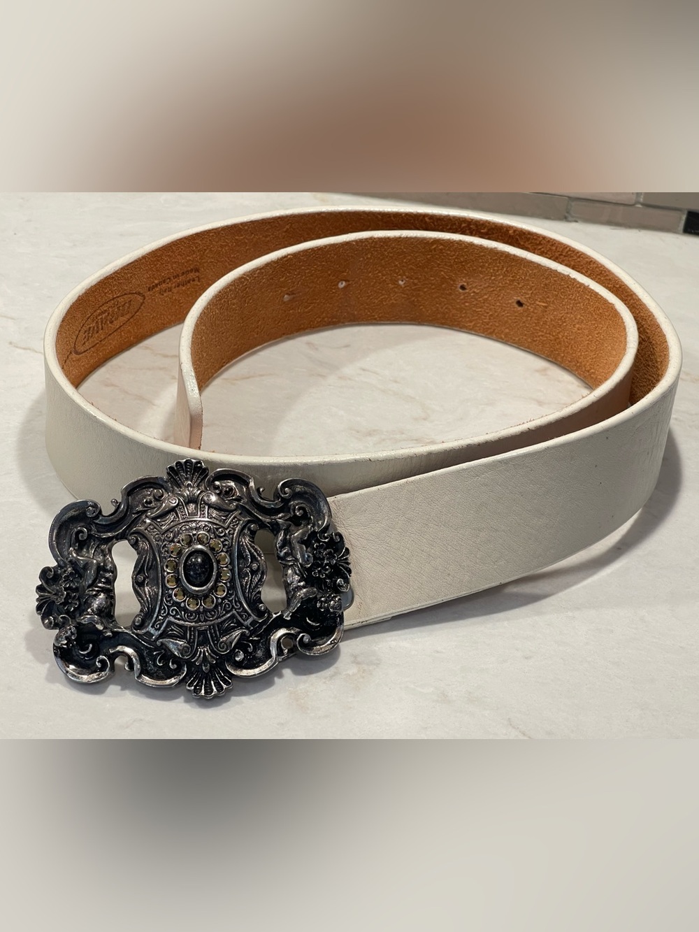 BRAVE LEATHER Women's Off-White Leather Belt with Ornate Nickle Buckle, 34/M